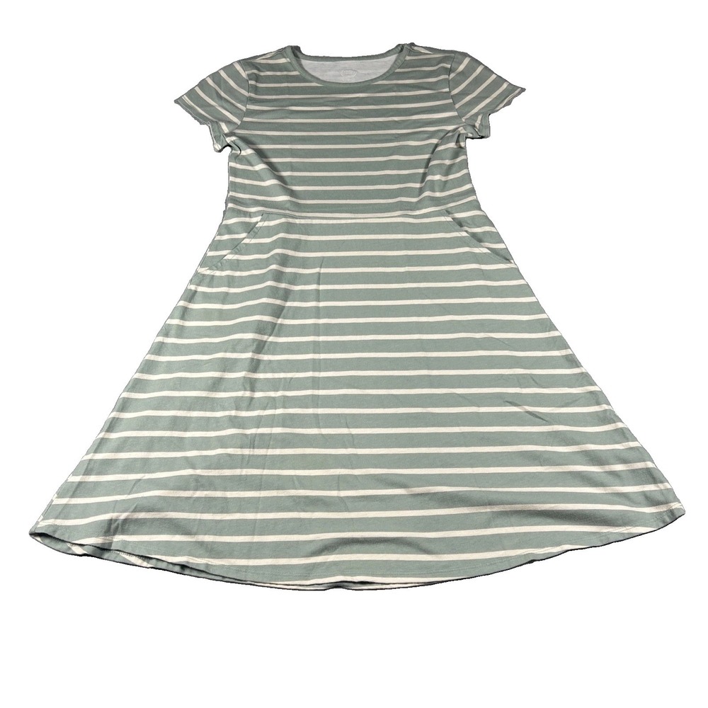 Wonder Nation Girls Sage Green Cream Striped Short Sleeve A-Line Dress L 10-12